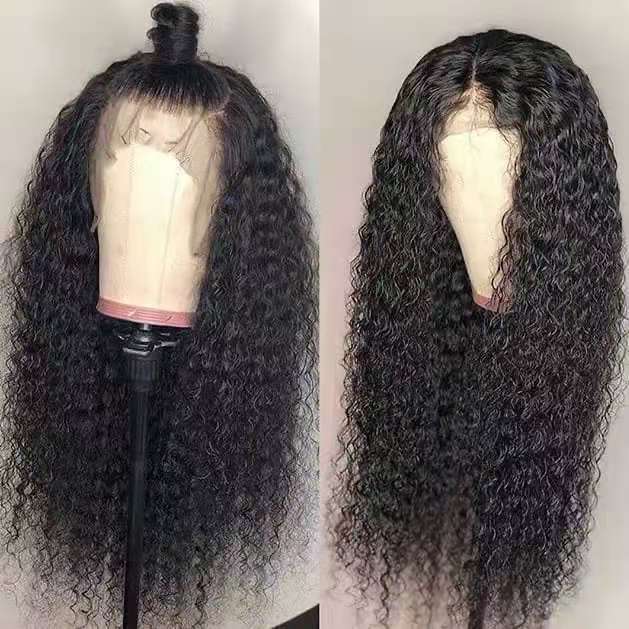 Voluminous long curly wig on mannequin showcasing lace detail and natural curl pattern.
