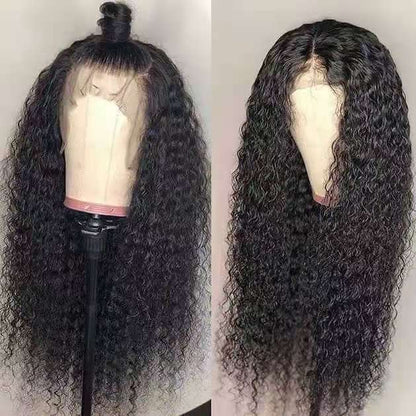 Voluminous long curly wig on mannequin showcasing lace detail and natural curl pattern.

